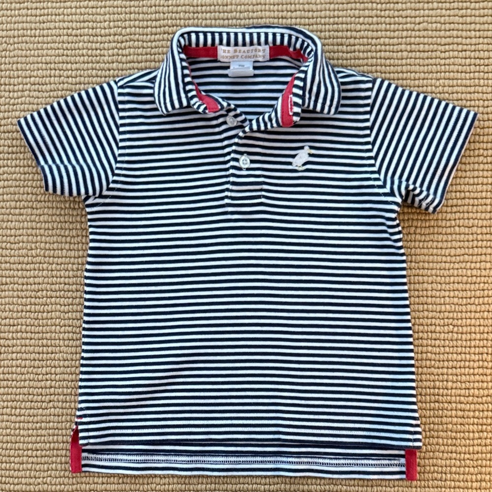 The Beaufort Bonnet Company Navy and White Striped Polo with Red Trim